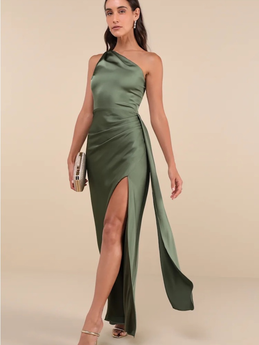 Lulu’s One-Shoulder Olive Green Satin Evening Dress- NEW WITH TAGS XS